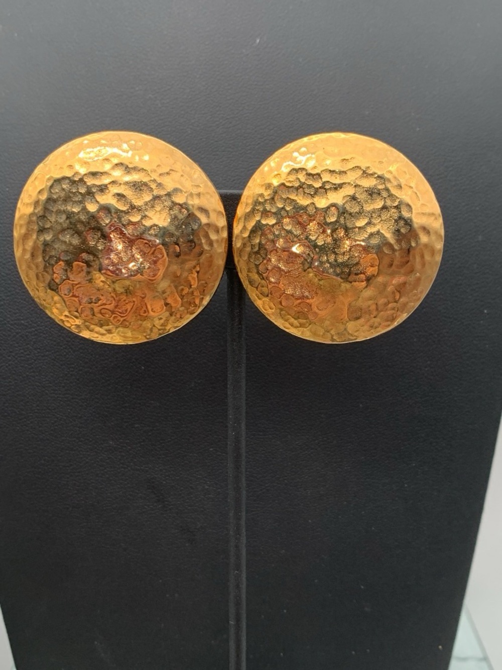 Vintage large Hammered Gold-Tone Round Button clip on Earrings